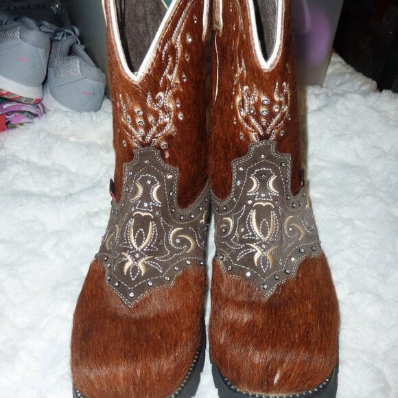 RARE Justin Leather Brindle Hair-On Hide w/ Rhinestones Cowgirl Boots 9 - Picture 2 of 16
